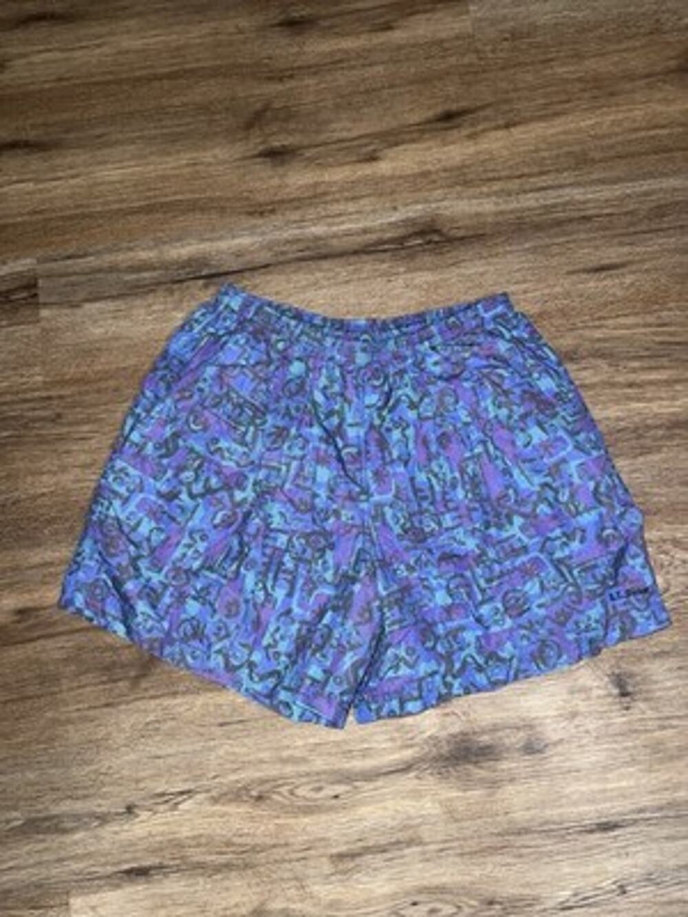 Vintage LL Bean Womens Large Printed Nylon Shorts Abstract Geometric Blue Purple